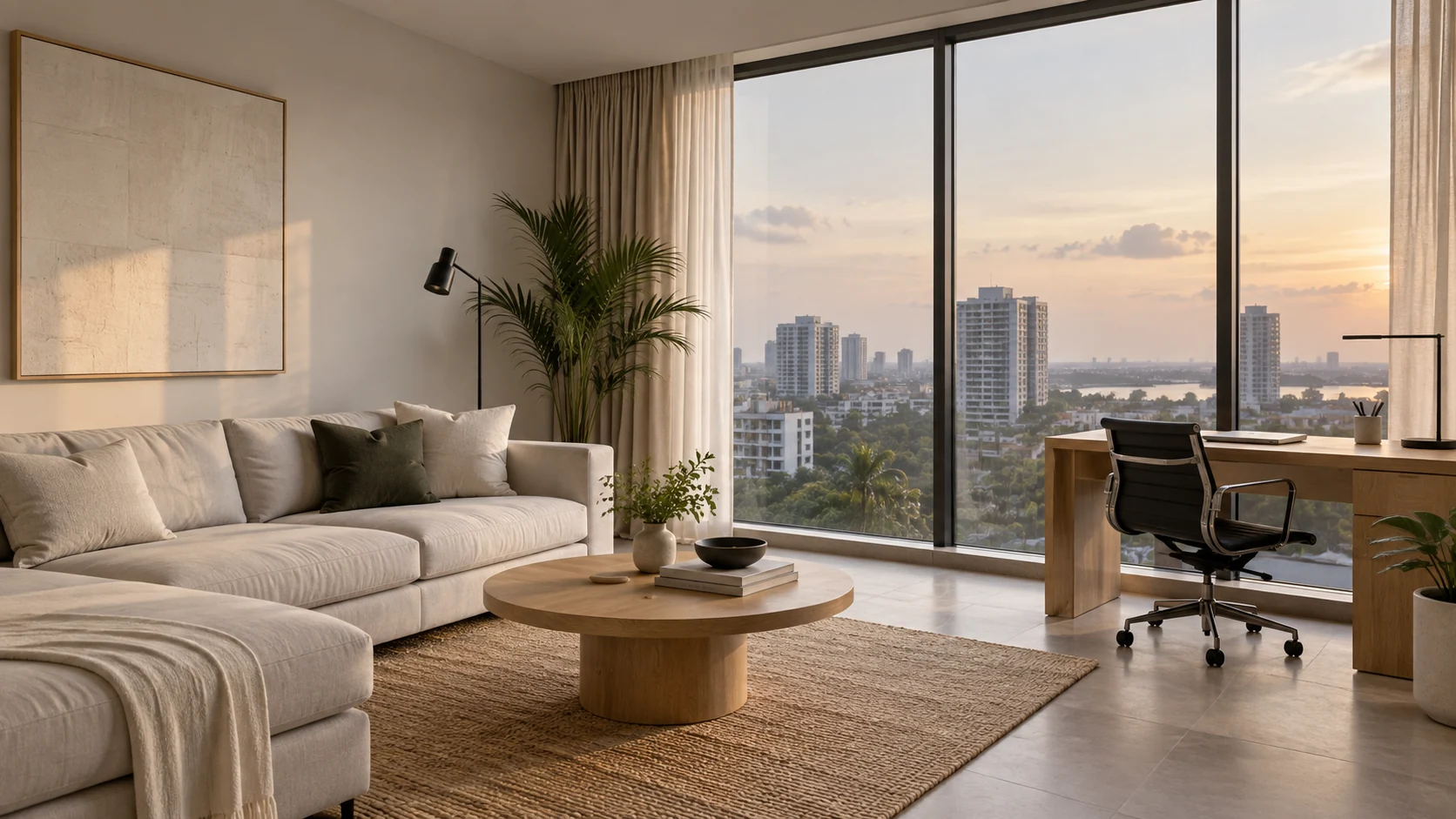 Apartment workspace beside a window overlooking a distant city