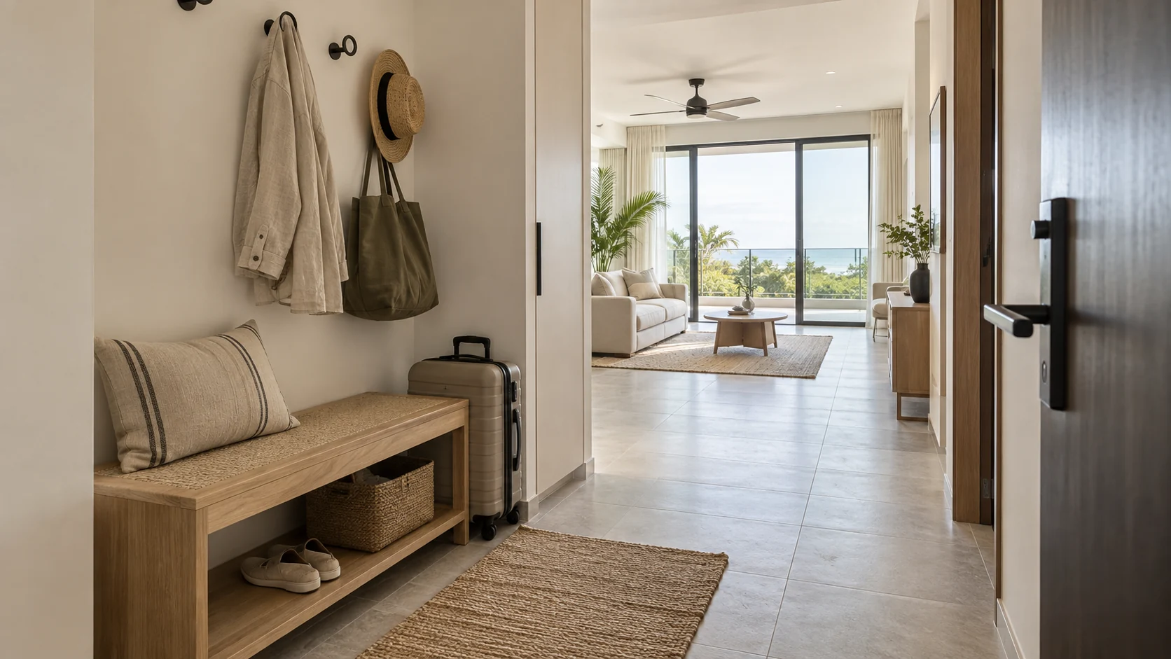 Apartment entrance with a luggage bench and pale oak console