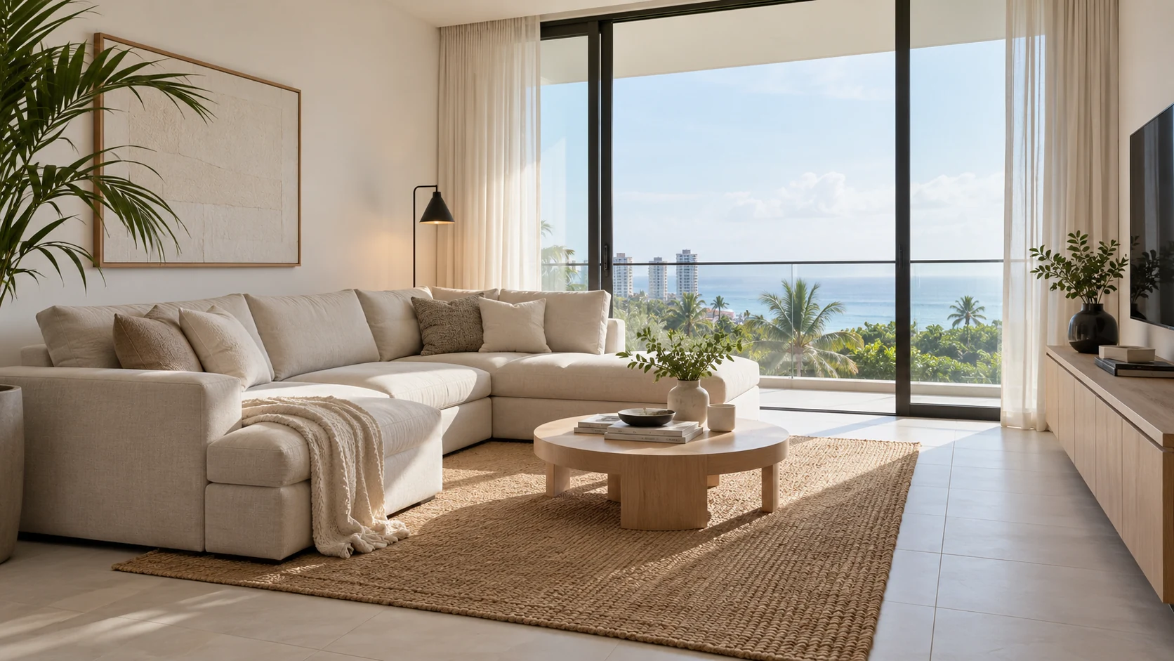 Practical furnished living room with durable neutral materials