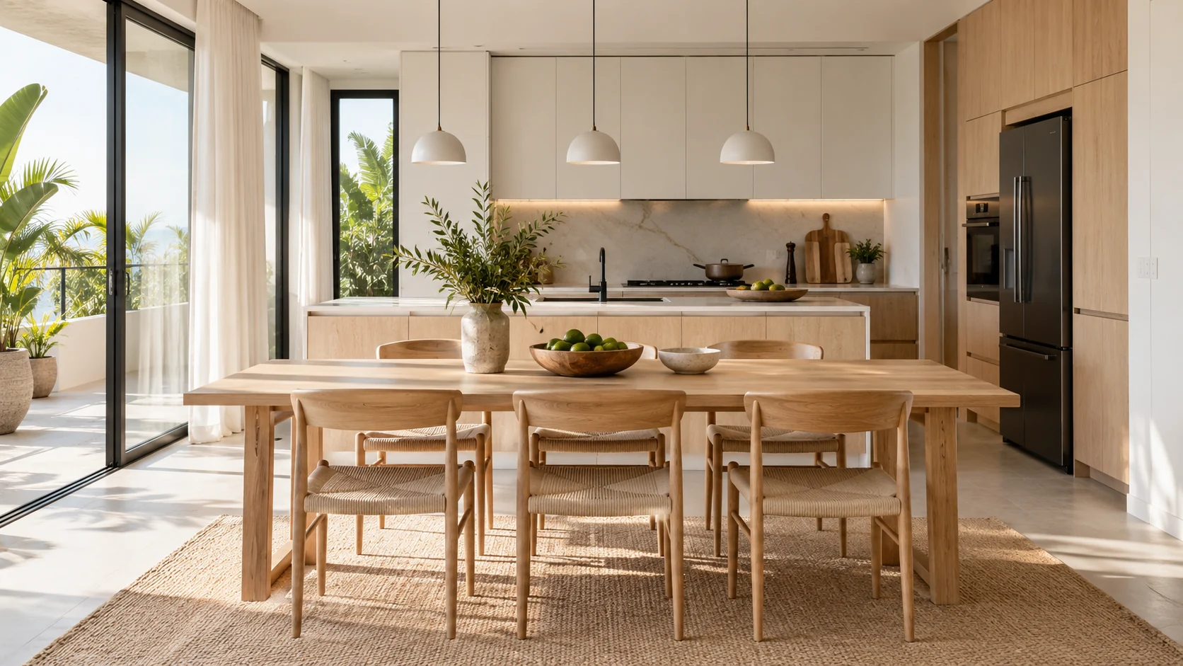 Family kitchen with a dining table and pale oak cabinetry