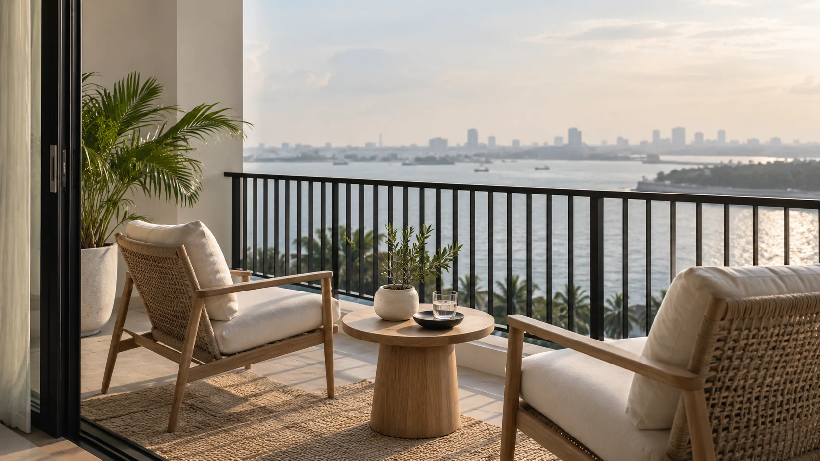 Apartment balcony with a distant water view