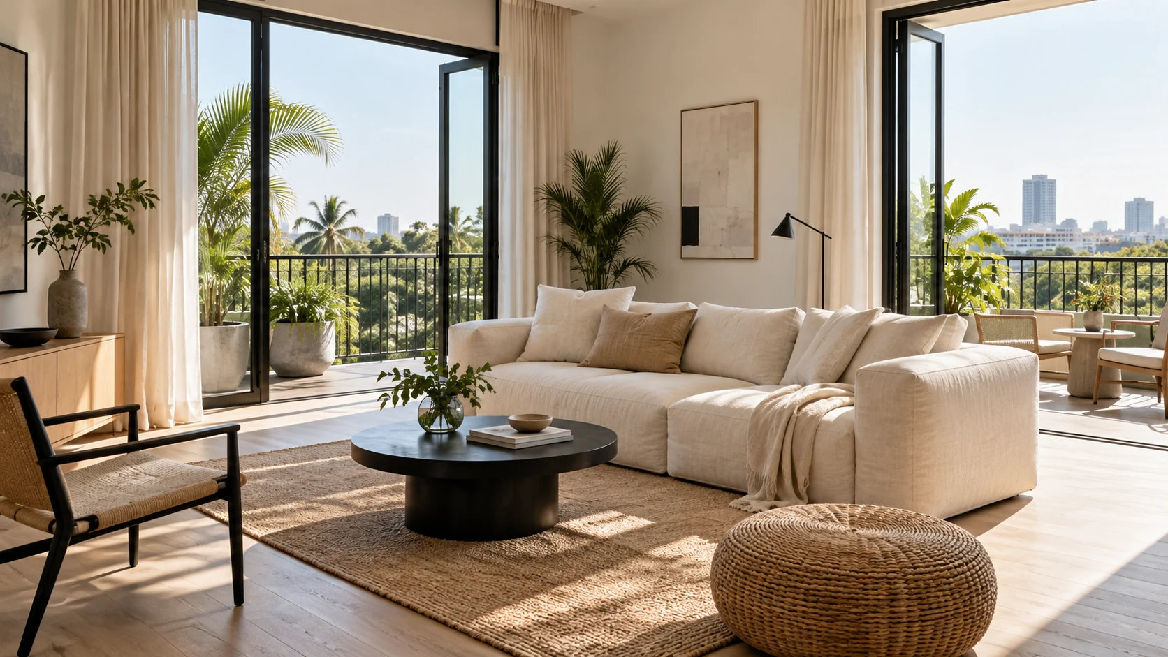 Modern apartment living room opening onto a balcony