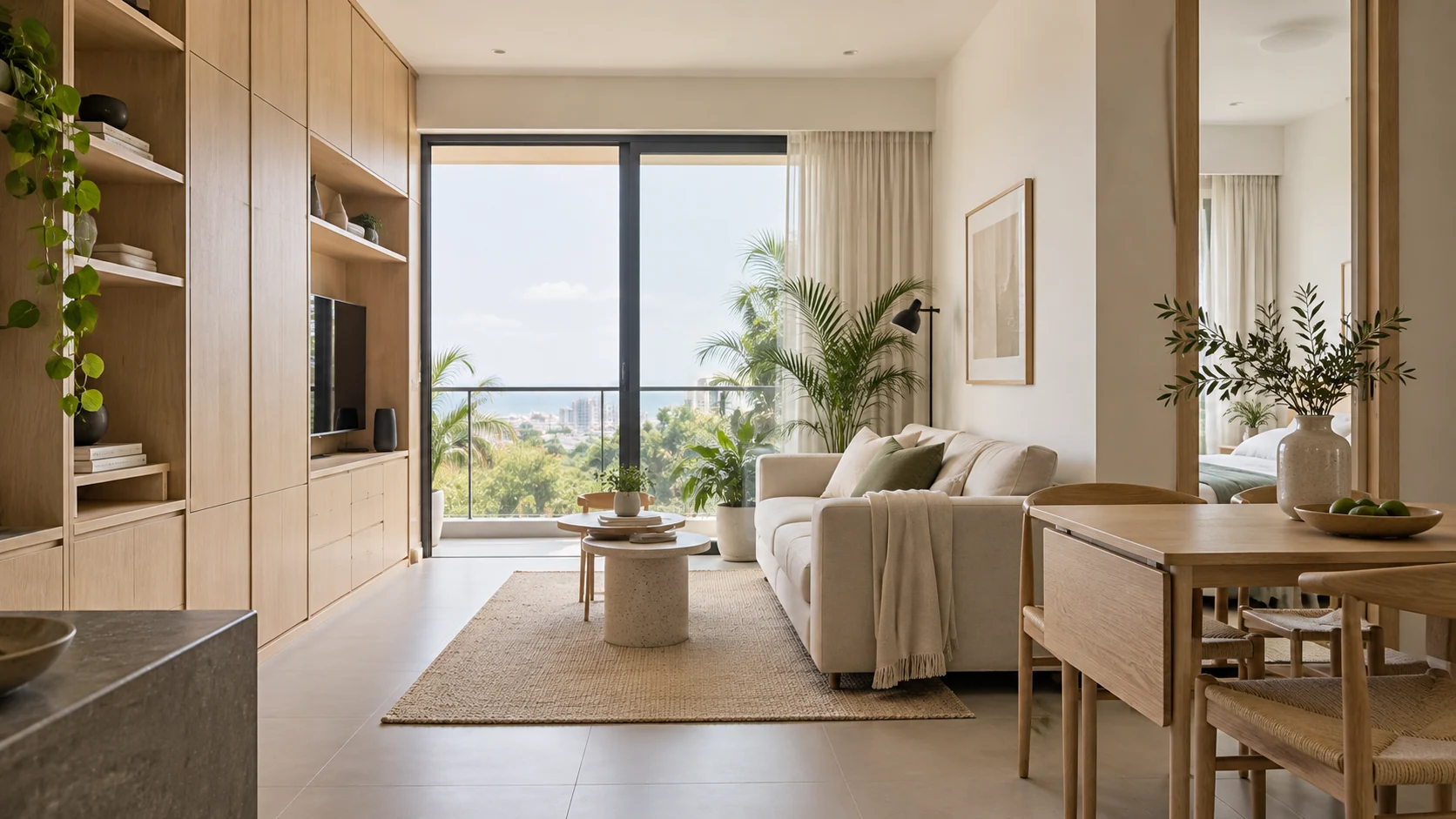 Compact apartment with pale oak storage and neutral furnishings