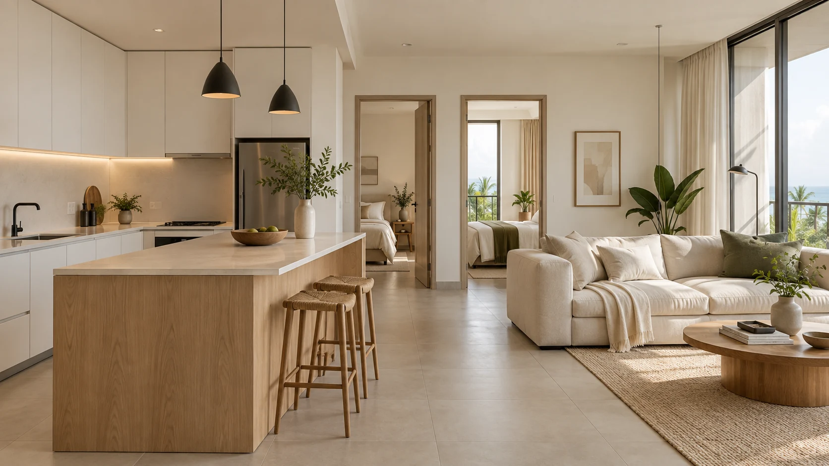 Apartment kitchen opening into a furnished living room