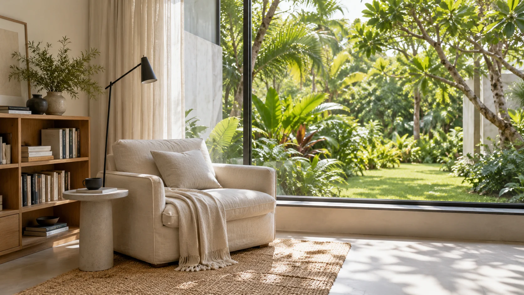 Spacious reading corner facing greenery outside an apartment