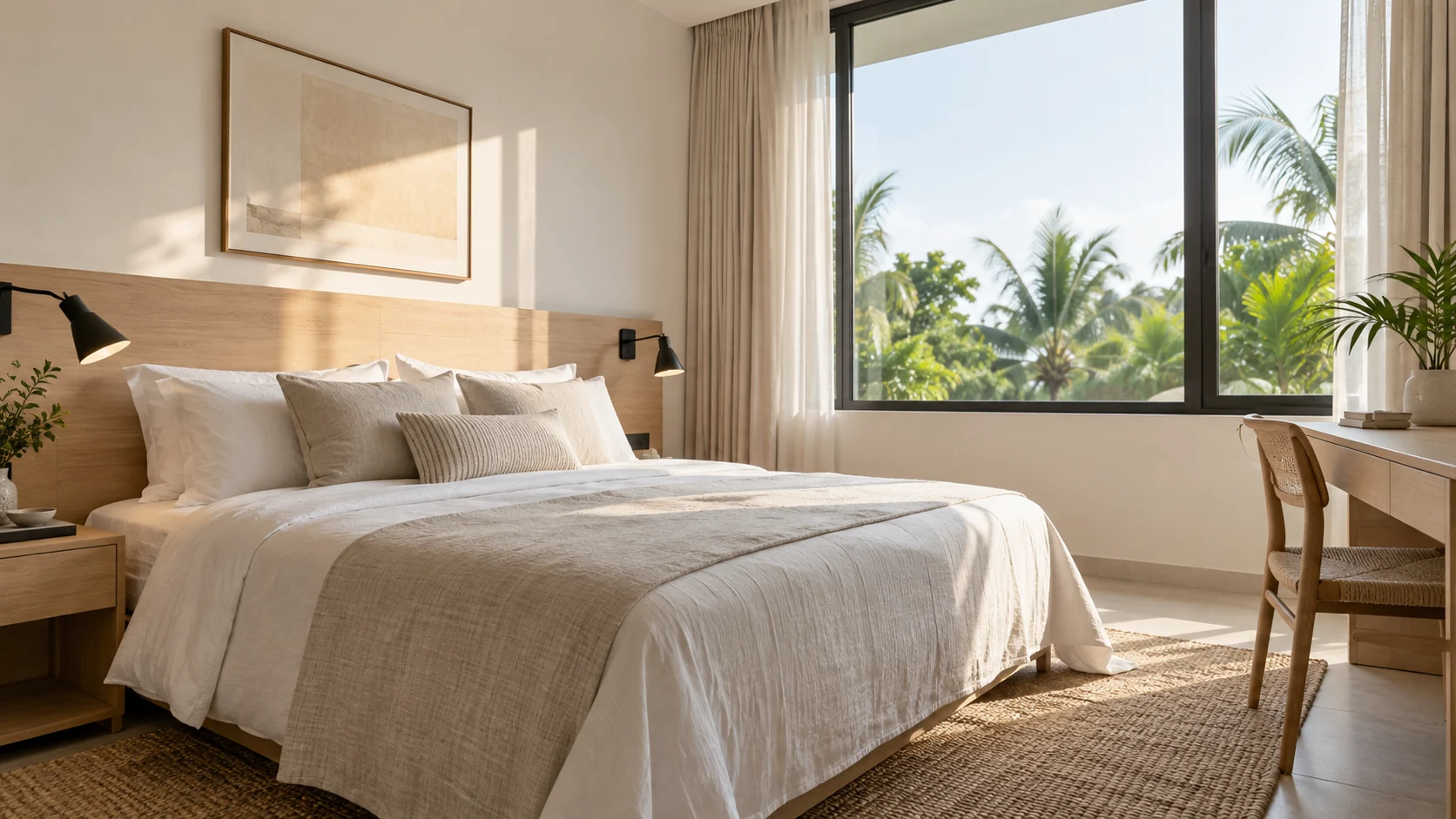 Calm guest bedroom with a desk and neutral bedding