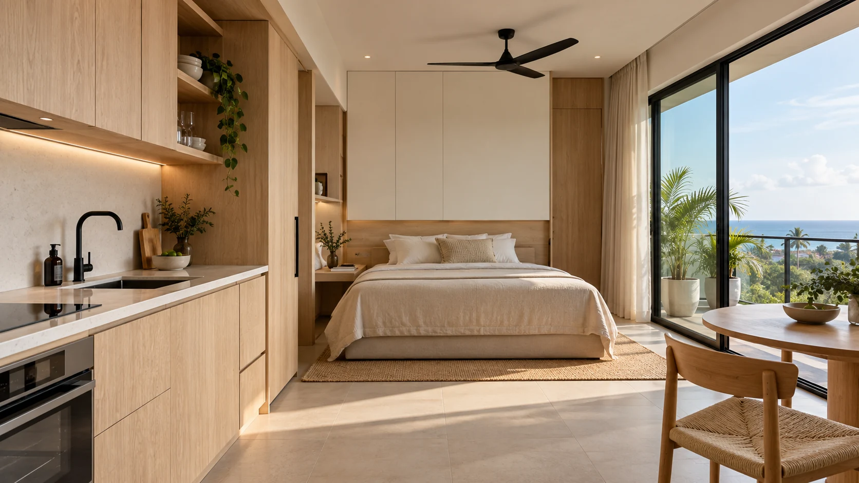Efficient studio apartment with a kitchenette and built-in storage