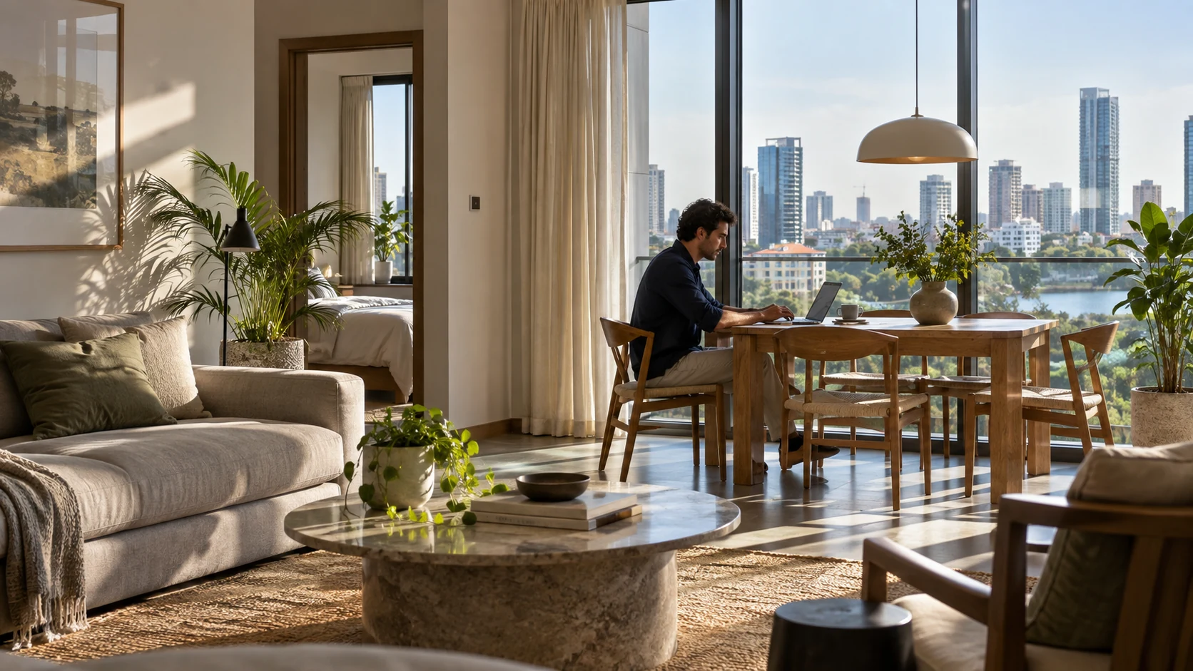 Guest working comfortably in a furnished apartment with natural daylight