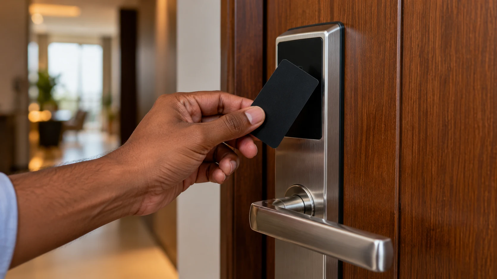 A hand presenting a digital access card to an apartment door reader