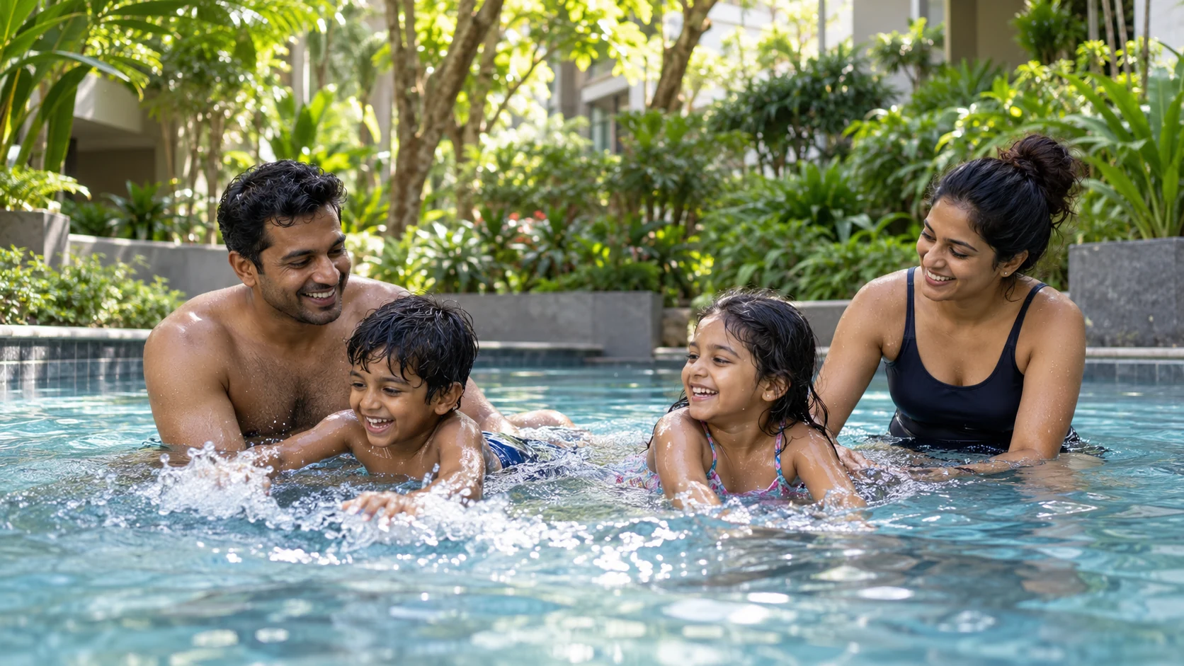 A family enjoying a leafy residential courtyard pool
