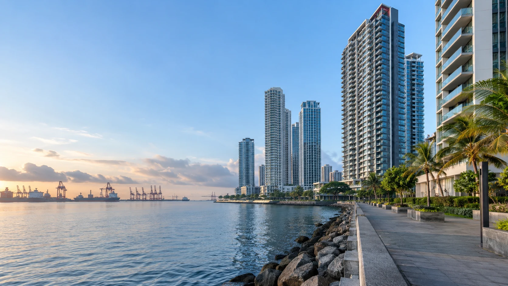 Modern harbour-side apartment architecture viewed from outside