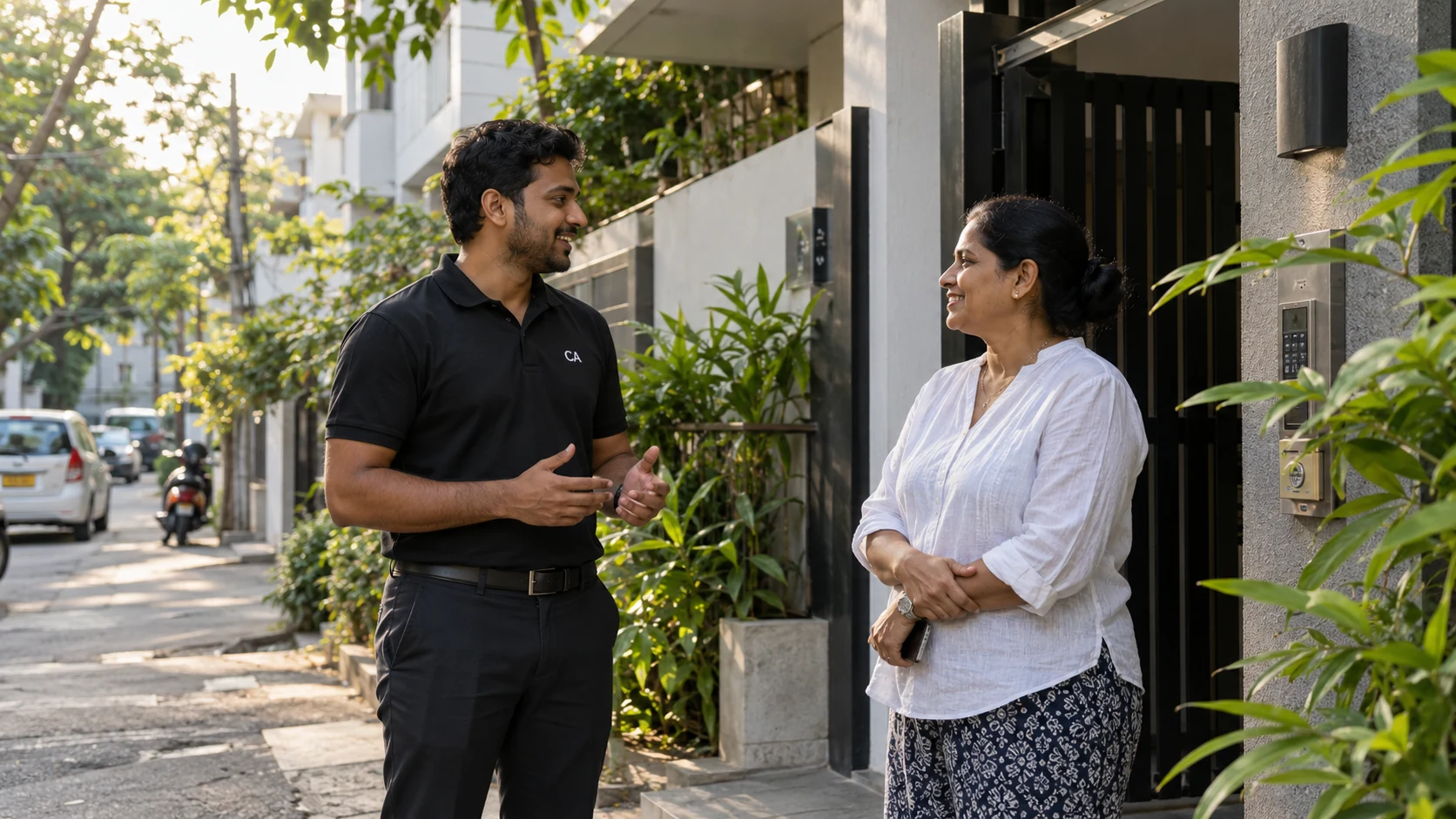 A local rental coordinator meeting an owner outside a residential building