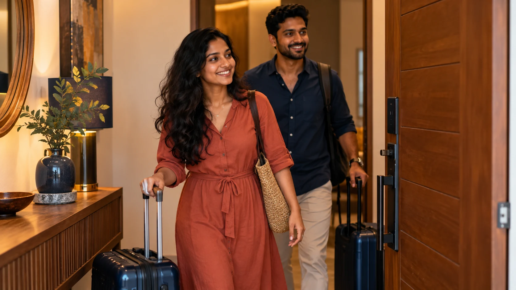 Apartment owners arriving with luggage at a welcoming entrance