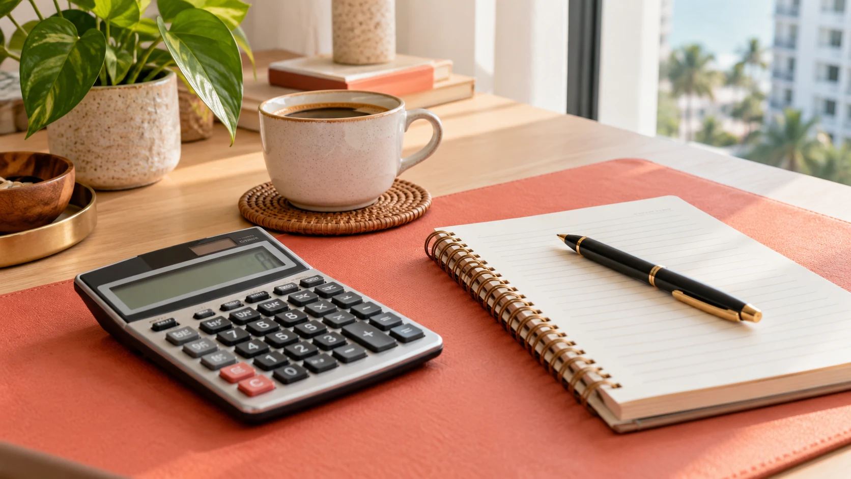 A calculator and notebook on a desk for rental planning