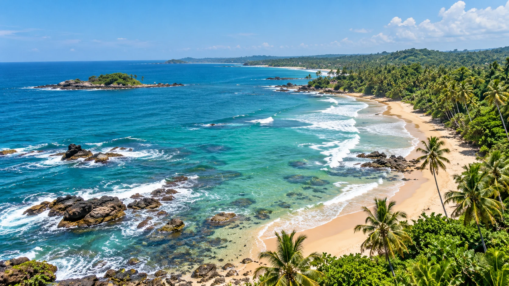 A tropical Sri Lankan coastline with turquoise water and palms
