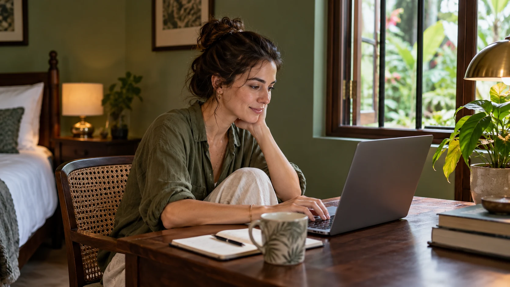 A traveller working at a desk in an olive coloured apartment room