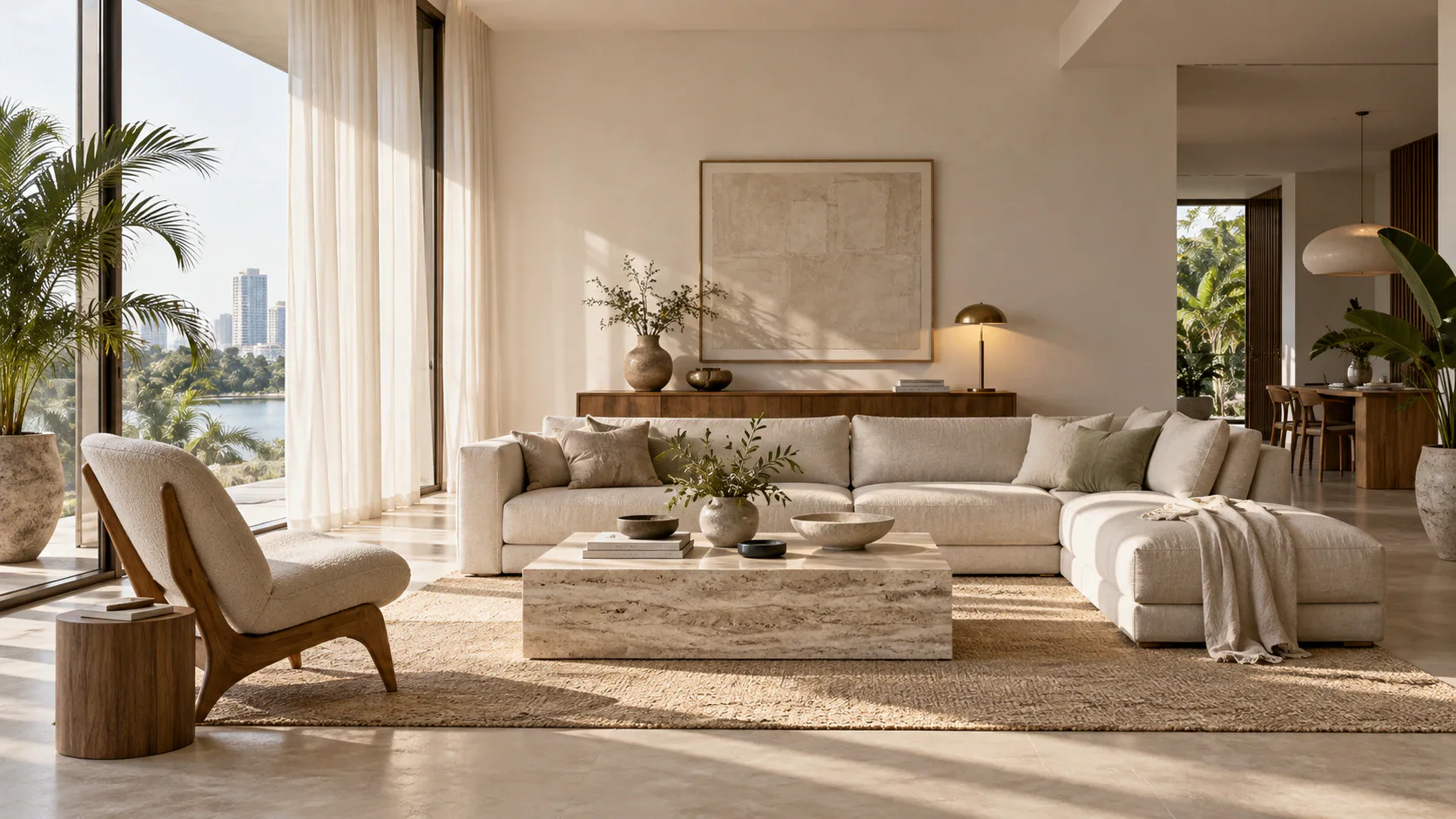A Nordic styled living room with neutral furniture