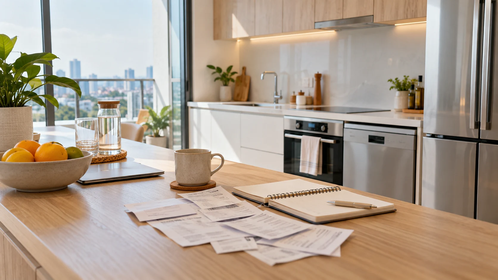 Kitchen appliances and household expense paperwork on a counter
