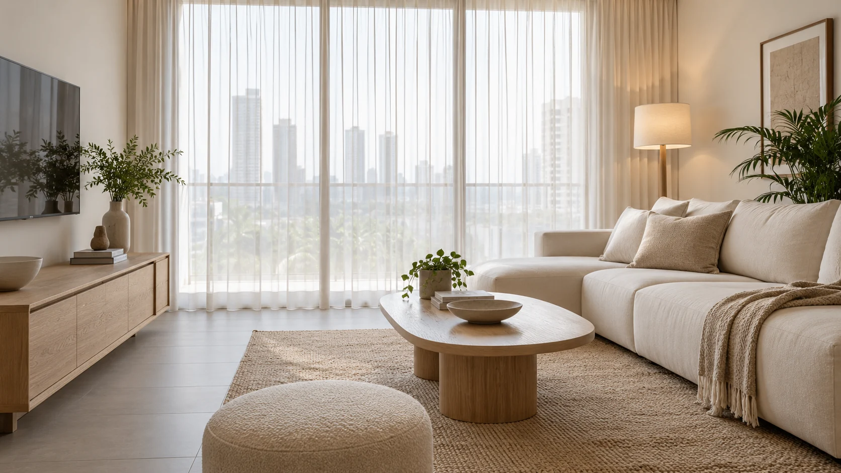 Empty apartment living room with soft light through curtains
