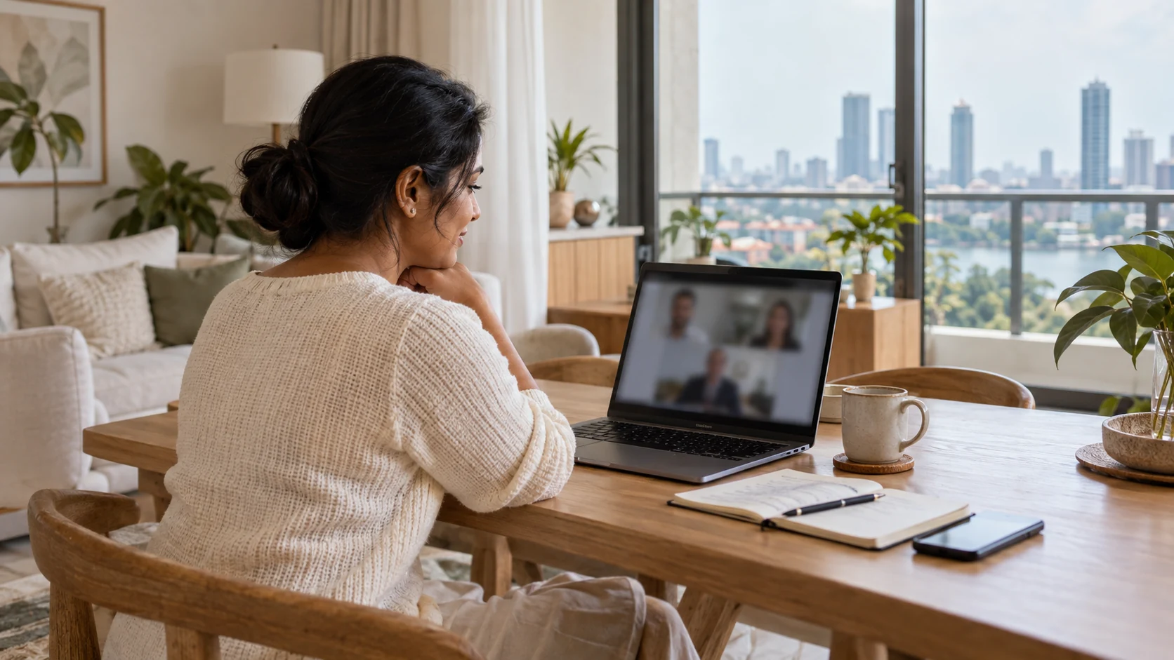 Overseas apartment owner using a laptop from home