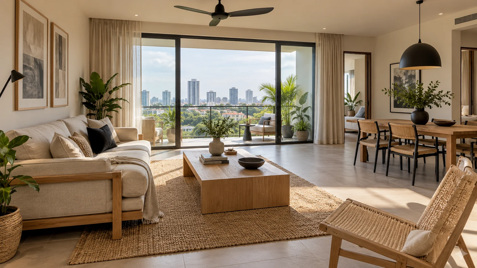 Nordic furnishing inspiration with natural materials, comfortable seating and a dining area