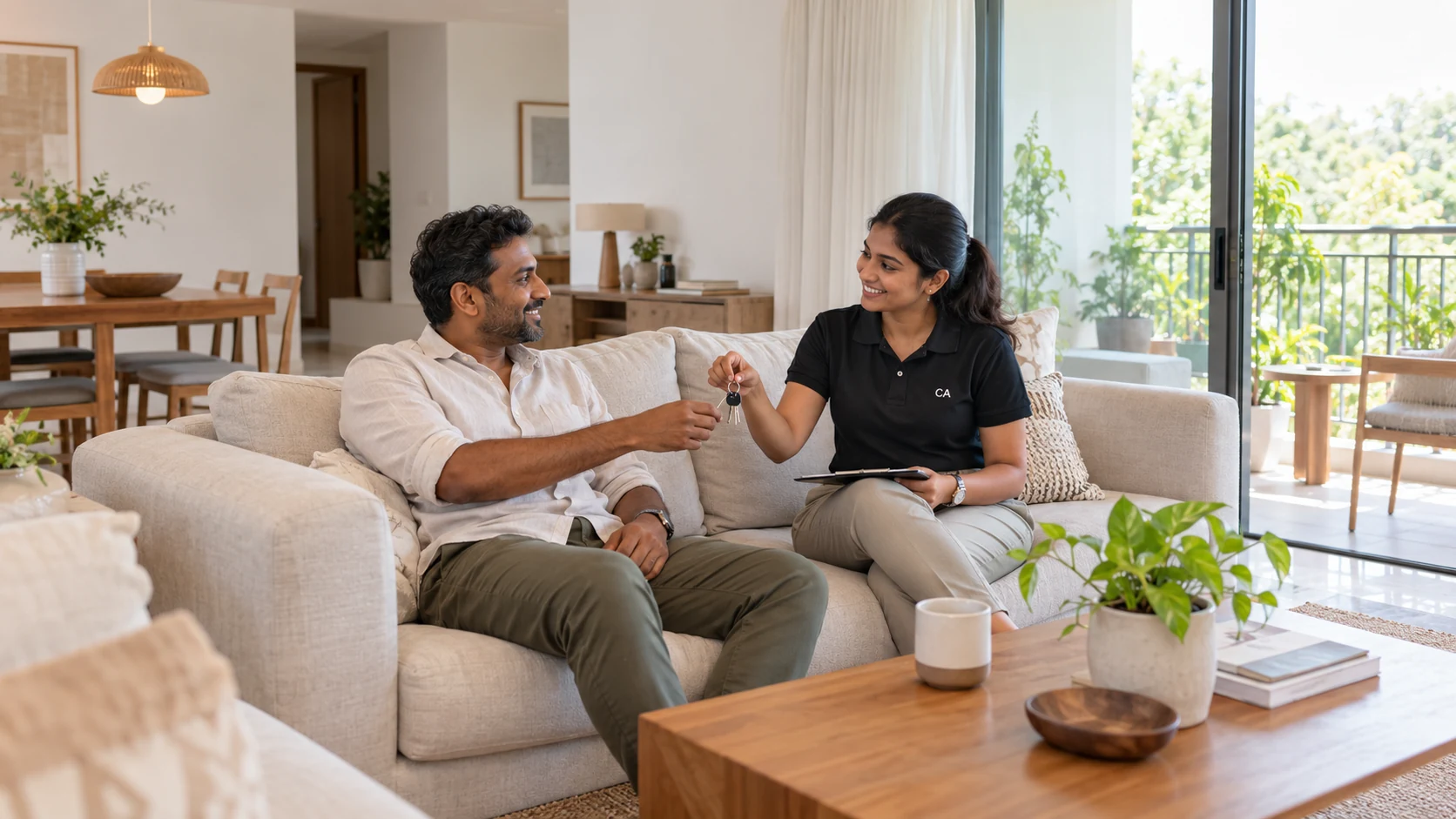 Apartment owner discussing the rental plan with a property service representative