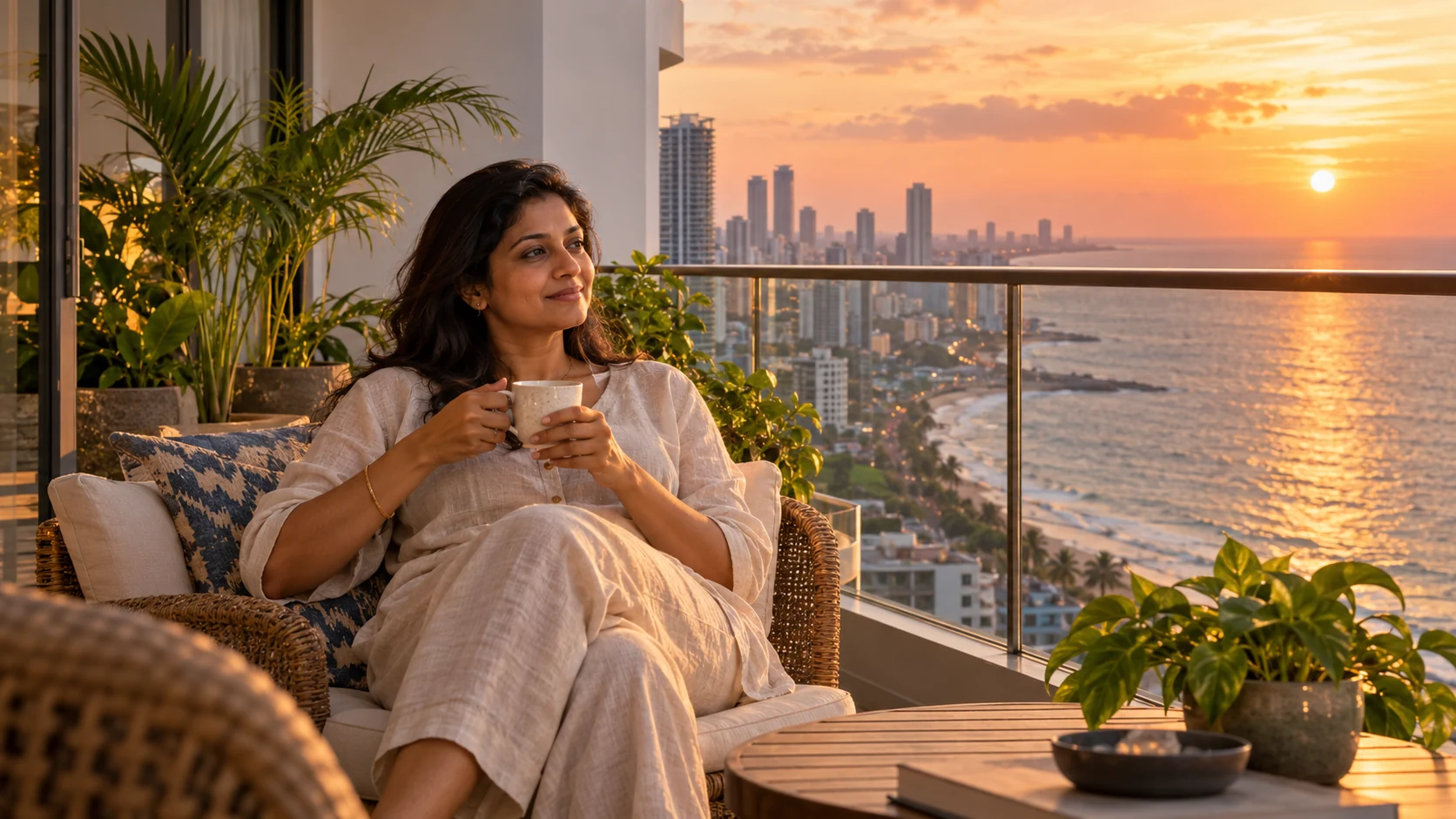 An apartment owner enjoying coffee on a Colombo balcony