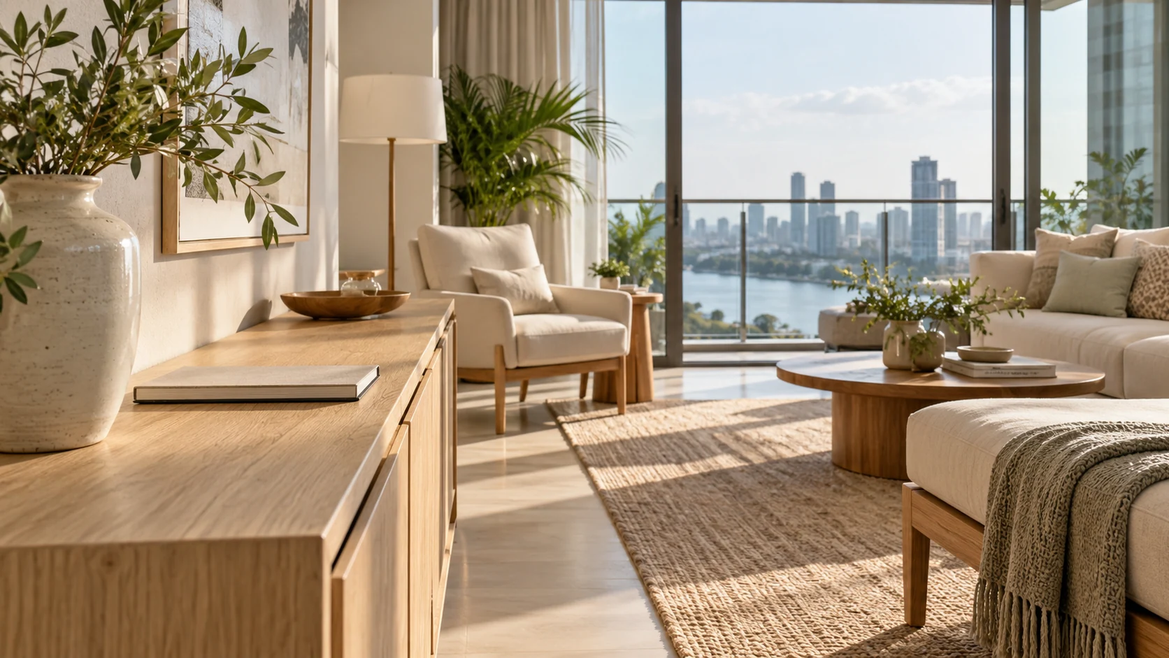 Bright apartment living room with a sofa and natural materials