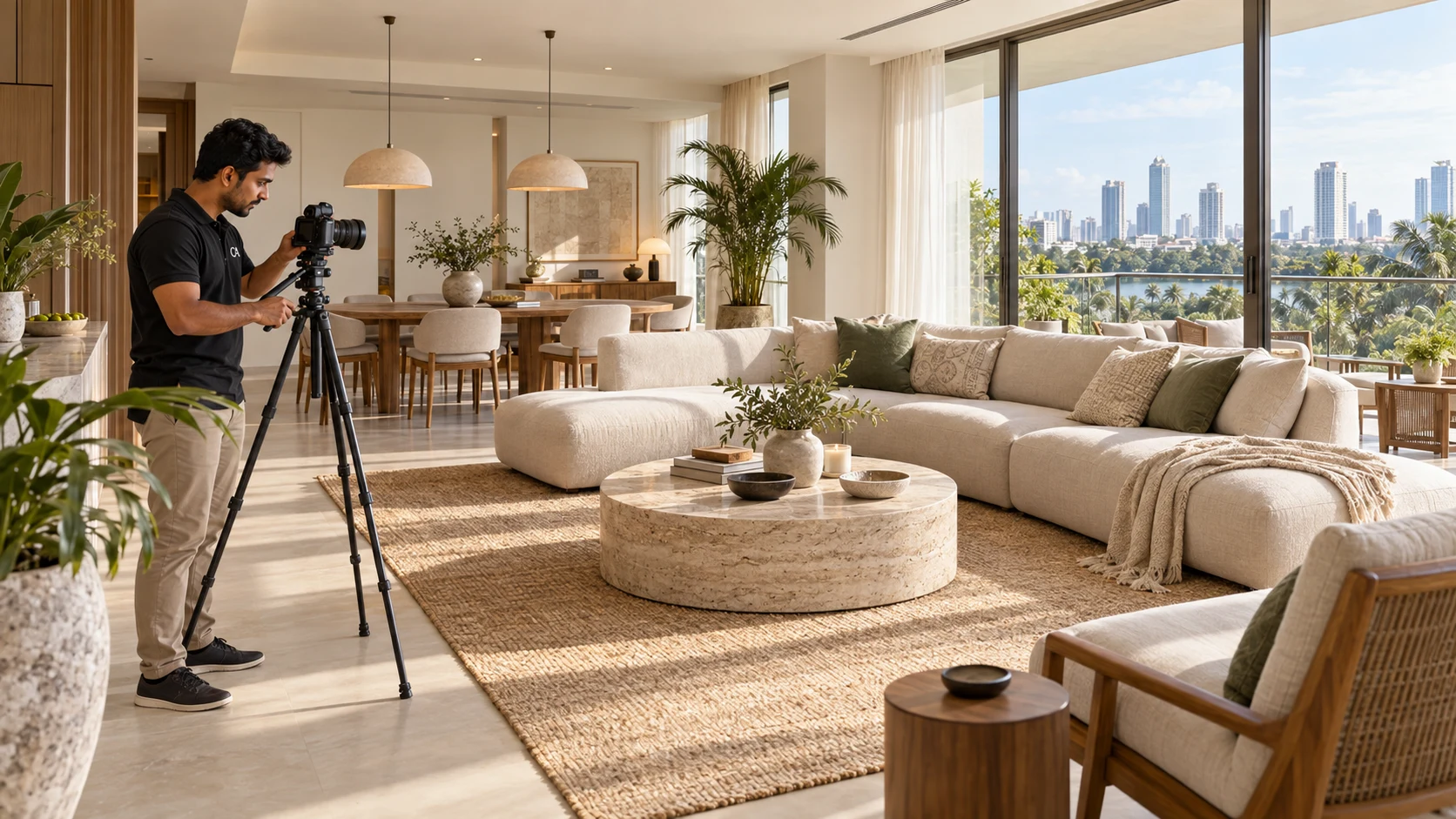 Professional property photographer preparing a bright apartment for its rental listing