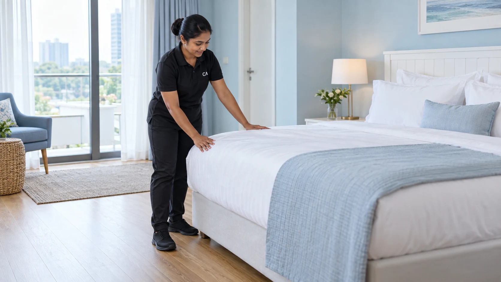 A housekeeper standing beside a bed and preparing fresh white linen