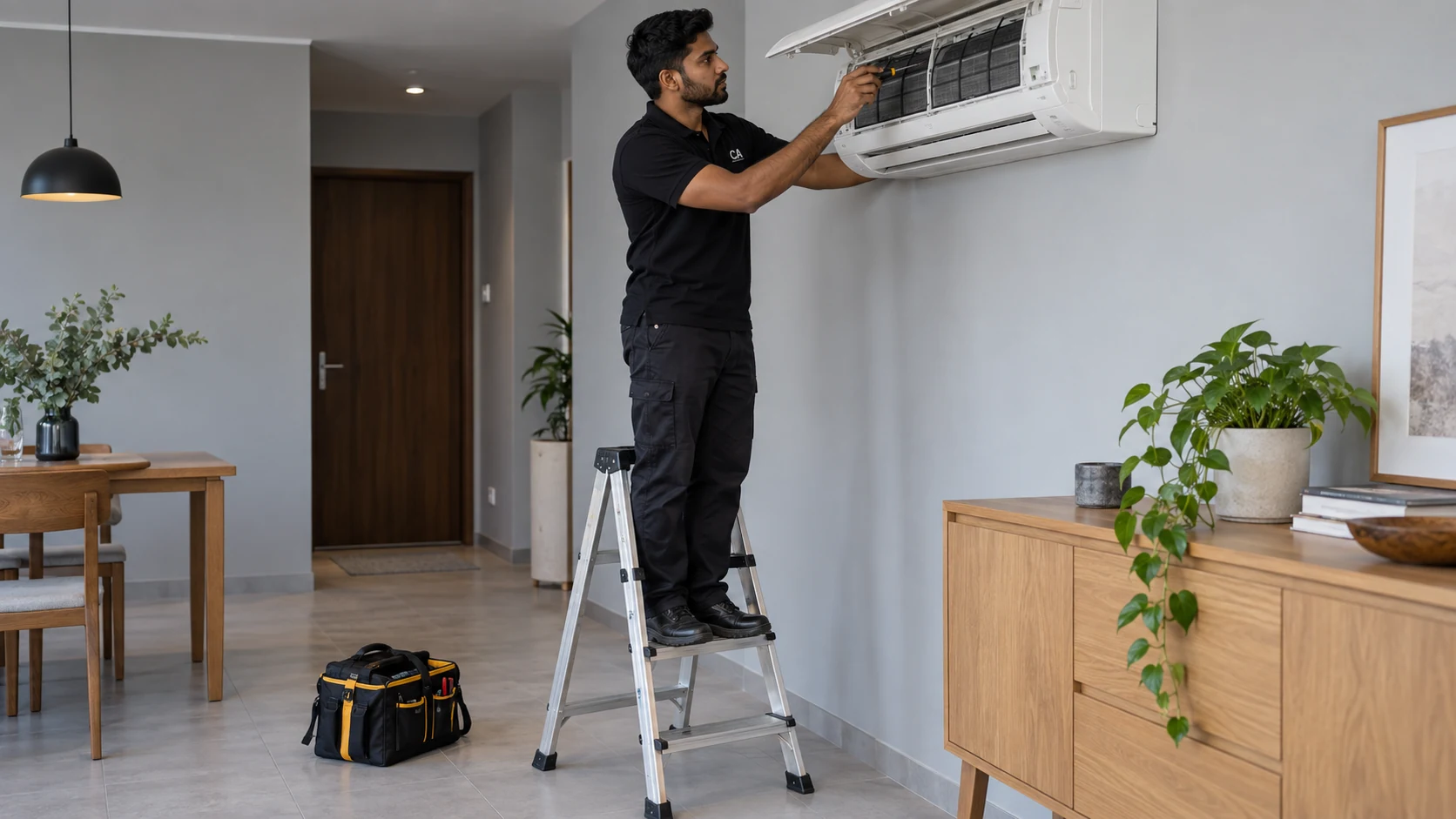 A maintenance technician checking a wall-mounted air conditioner from a stable step ladder