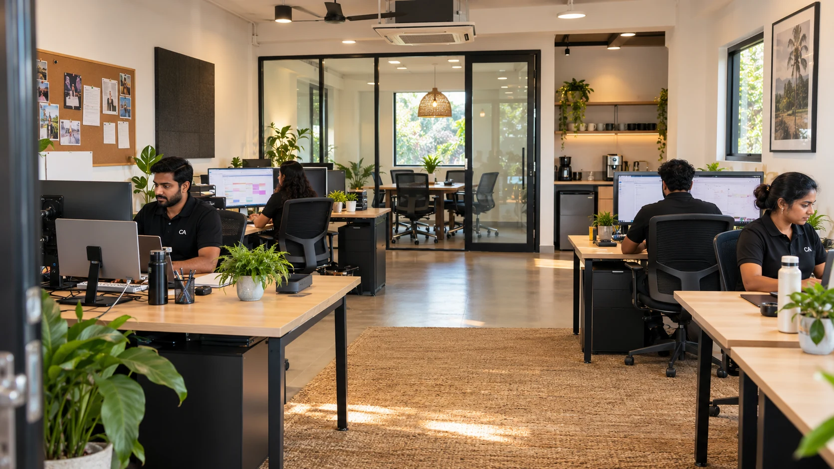 A Sri Lankan IT and booking team working in a spacious office with desks and a glass meeting room