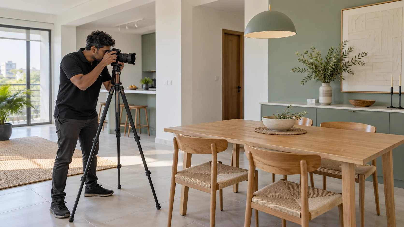 A property photographer capturing an apartment dining space with a camera and tripod