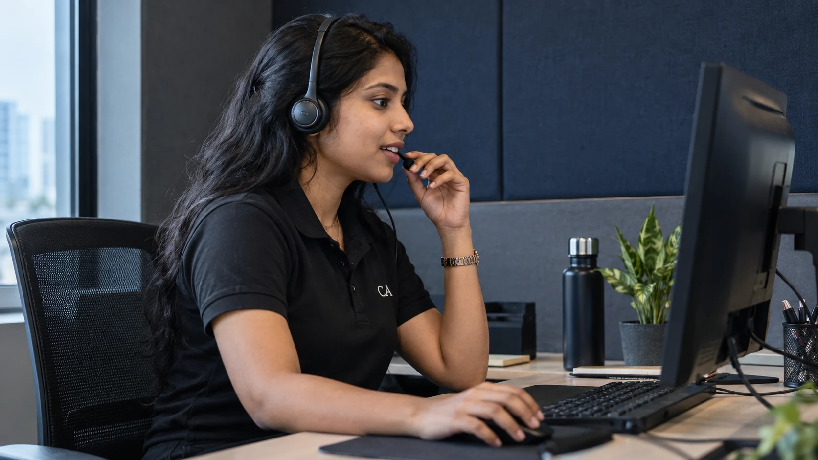 A guest support coordinator wearing a black CA polo and speaking through a headset