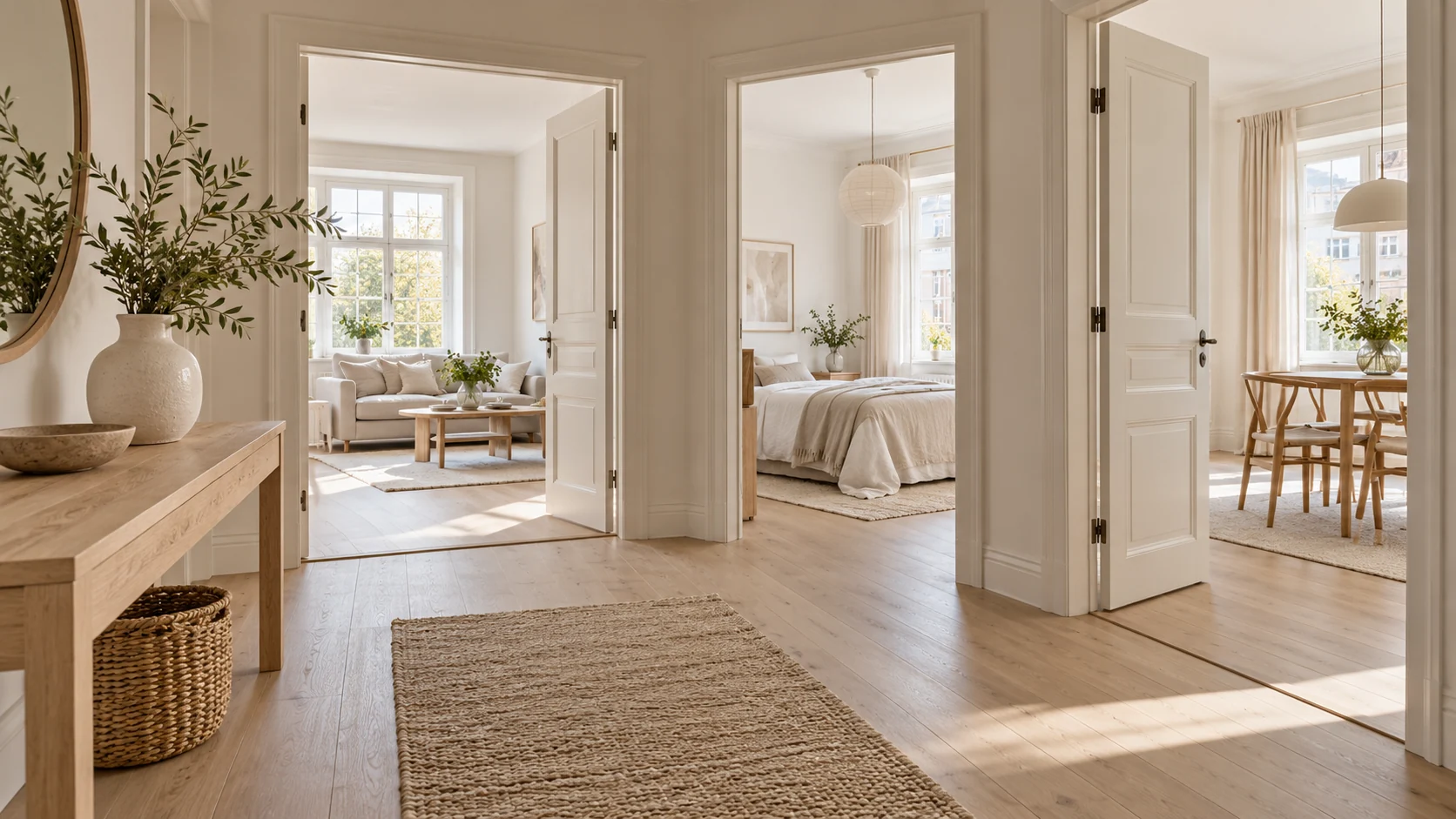 Apartment entrance with a pale oak console and open interior doors