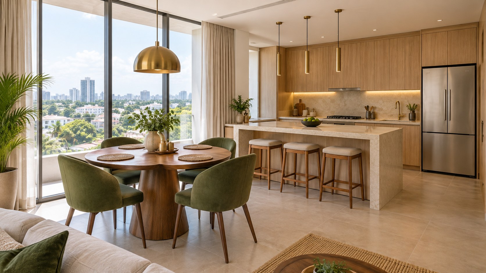 A welcoming furnished apartment with an open kitchen and dining area